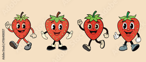 Set of Strawberry retro funky cartoon character. smile face, Groovy summer vector illustration.