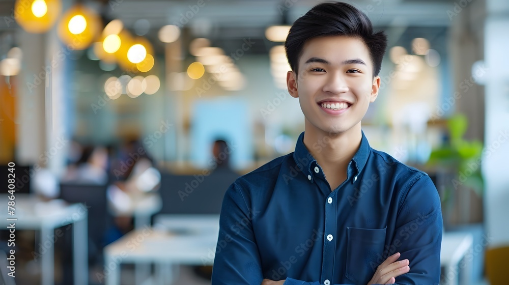 Naklejka premium Confident Young Asian Businessman Smiling in Bright Modern Office Setting Symbolizing Success and Optimism in Professional Career