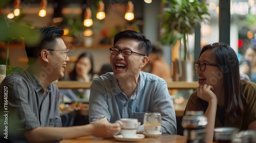 Joyful Asian Friends Sharing Laughter and Camaraderie in Cozy Cafe Setting
