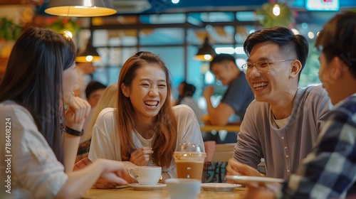 Asian Friends Sharing Laughter and Conversation Over Coffee in Cozy Cafe Setting