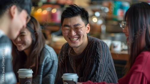 Asian Friends Sharing Laughter and Conversation Over Coffee in Cozy Cafe