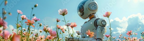 Robots gardening, planting digital flowers that bloom instantaneously, in soft pastel tones