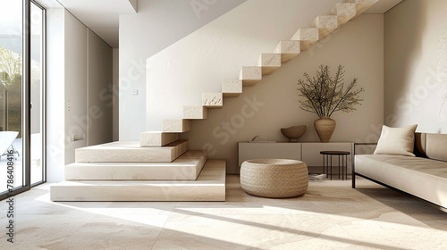 Minimalist beige stairs blending with Scandinavian design in a chic lounge.