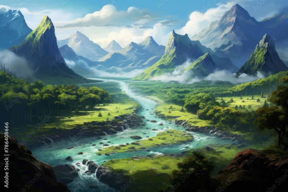 Beautiful landscape with a mountain river among the green slopes of the mountains, travel and tourism concept
