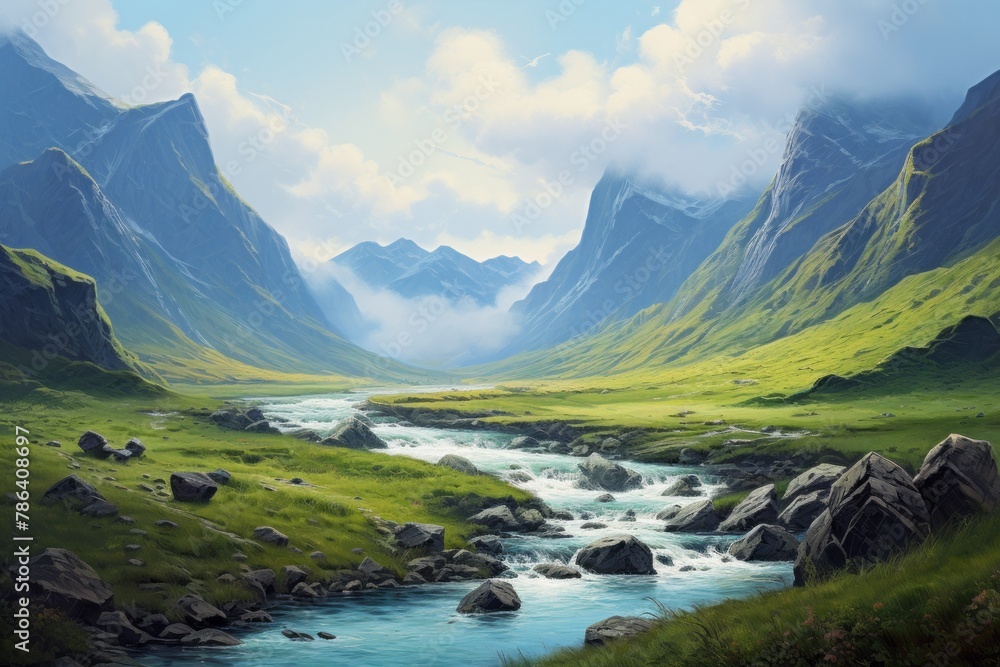 Beautiful landscape with a mountain river among the green slopes of the mountains, travel and tourism concept
