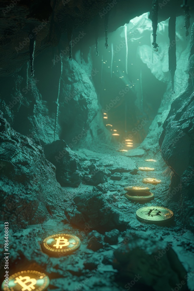 Ethereal scifi mine illuminated by glowing Bitcoin coins, highdetail 4K HD, serene ambiance, no noise