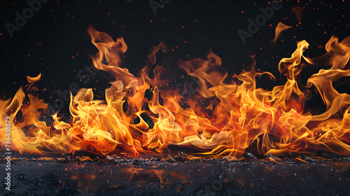 Fire flames on black background , Closeup of fire flames isolated on black background ,Burning fire flames on dark background