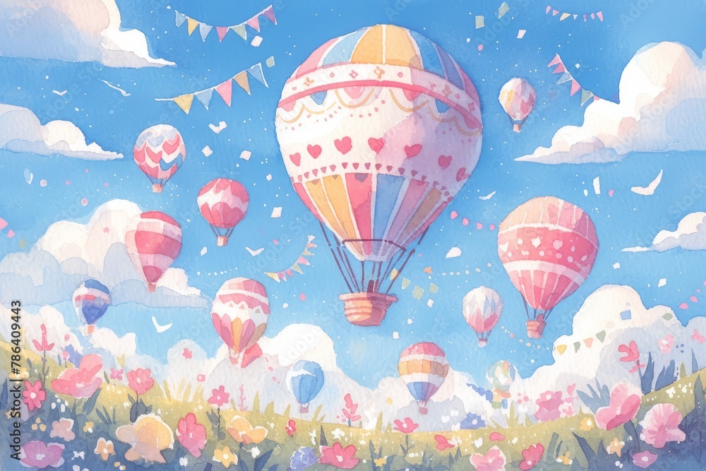 watercolor hot air balloons in the sky, clouds and stars, whimsical background for childrens book