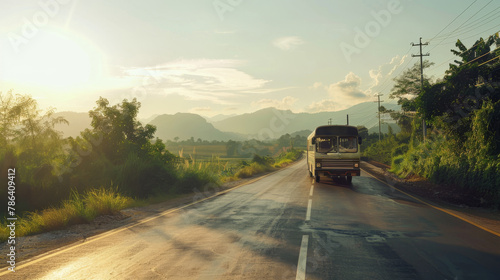 Sunlit Thai tworow bus on scenic route, pristine 4K HD, tranquil rural Thailand view, no noise © kitinut