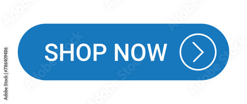 blue shop now, buy now button with icon isolated on white background