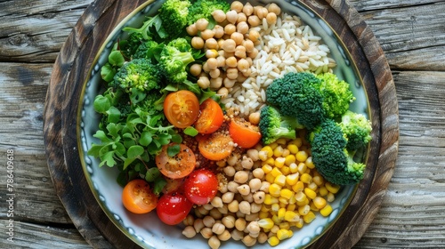 Top view of a plate with vegetables, grains and chickpeas on a wooden table, flat lay, close-up shot, healthy eating or diet food concept, copy space style.