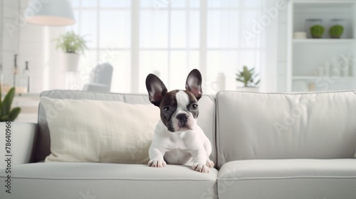 Cute dog lies on a comfortable sofa in a modern bright living room 
