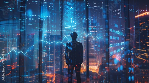 Businessman standing in office building at night in front of window with computer graph data displayed on blurred city bokeh light