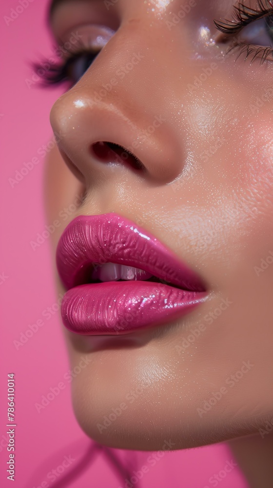 Naklejka premium woman close up professional pink glossy lipstick commercial on a pink background, beauty shot