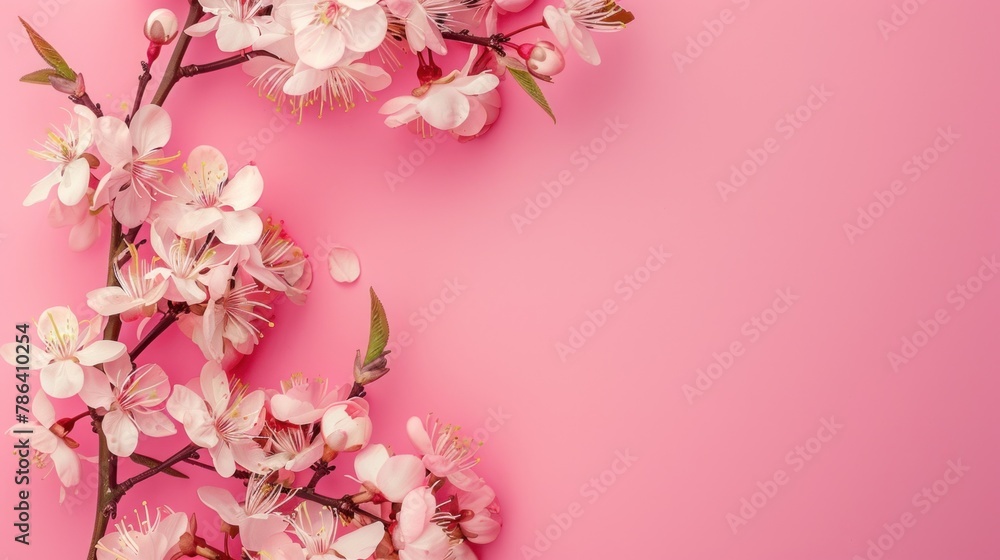Spring-themed image with a branch of blooming flowers against a pink background.
