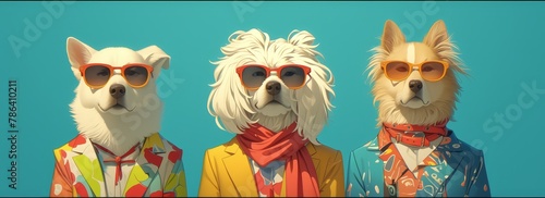 Three dog models wearing colorful suits and sunglasses, with bright hair colors and different styles 