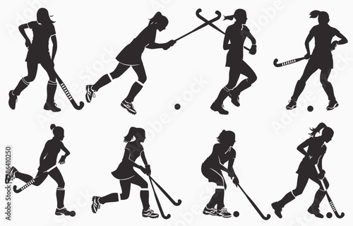 a woman playing field hockey silhouettes in different poses photo