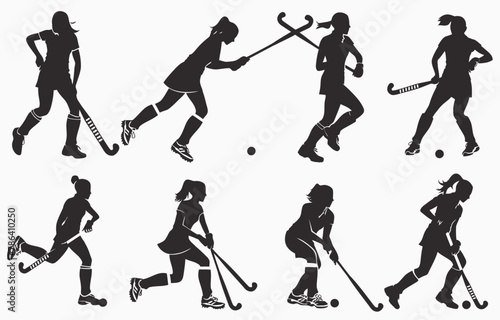 a woman playing field hockey silhouettes in different poses