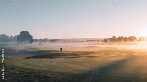 The early morning mist rising off a pristine golf course, golfers in the distance teeing off as the first light of day breaks. photo