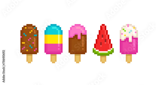 Vector Pixel Ice Cream colorful set № 1 in retro game style. Perfect Pixel Rainbow Ice Сream on a stick and ice cream popsicle - editable vector icons collection (1)