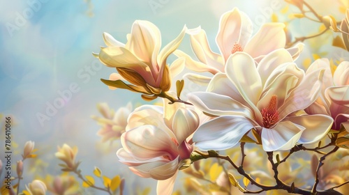 Flowering magnolia blossom on a sunny spring background.