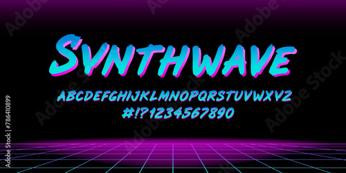 Perfect Retro wave 80s style type font and vector  chrome alphabet with numbers. Neon Retro futuristic horizon background and vintage font type. Set for print tee and music poster design 80s -90s