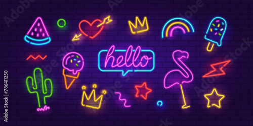 Vector Neon Sign set 2 on brick wall background. Editable neon icons set of Flamingo, Sign Hello, heart, Ice Cream, Rainbow, Crown etc. Neon night sign, a glowing light banner, emblem for club or bar