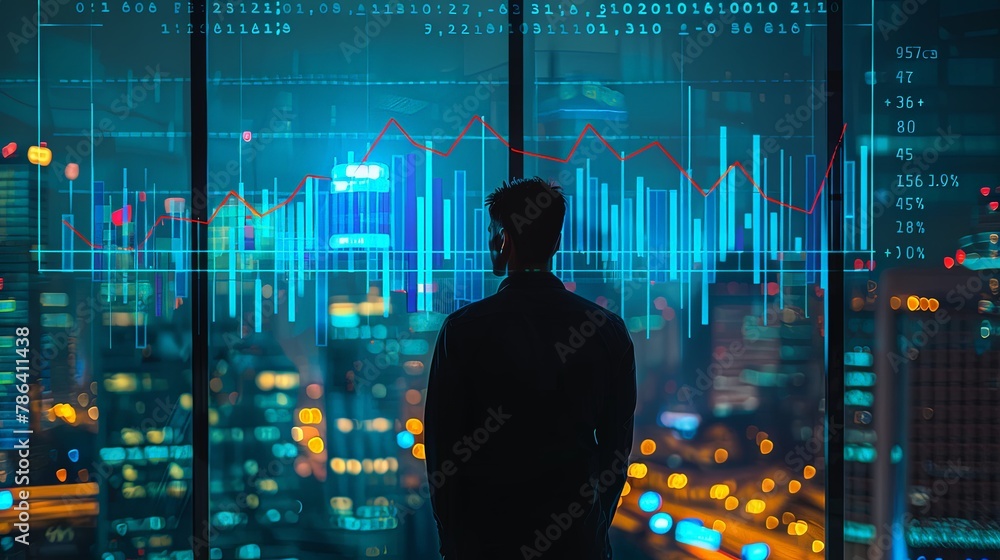 Man wearing suit standing in front of skyscraper office window at night with blurred city background and data chart display. Man wearing suit standing in front of skyscraper office window at night with blurred city background and data chart display.