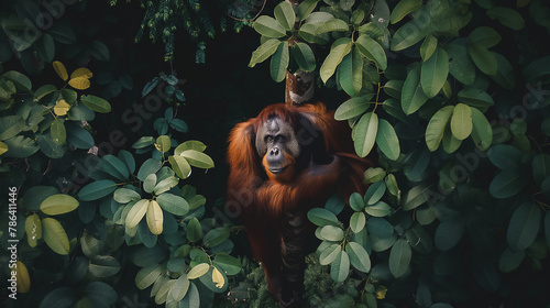 Portrait of Orangutan in Lush Jungle Foliage - Bukit Lawang, Indonesia photo