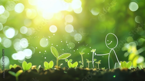 A white line art stick figure with a smile on face is planting small plant seeds in the ground. The background is a bokeh effect flower garden with burning green and sun light