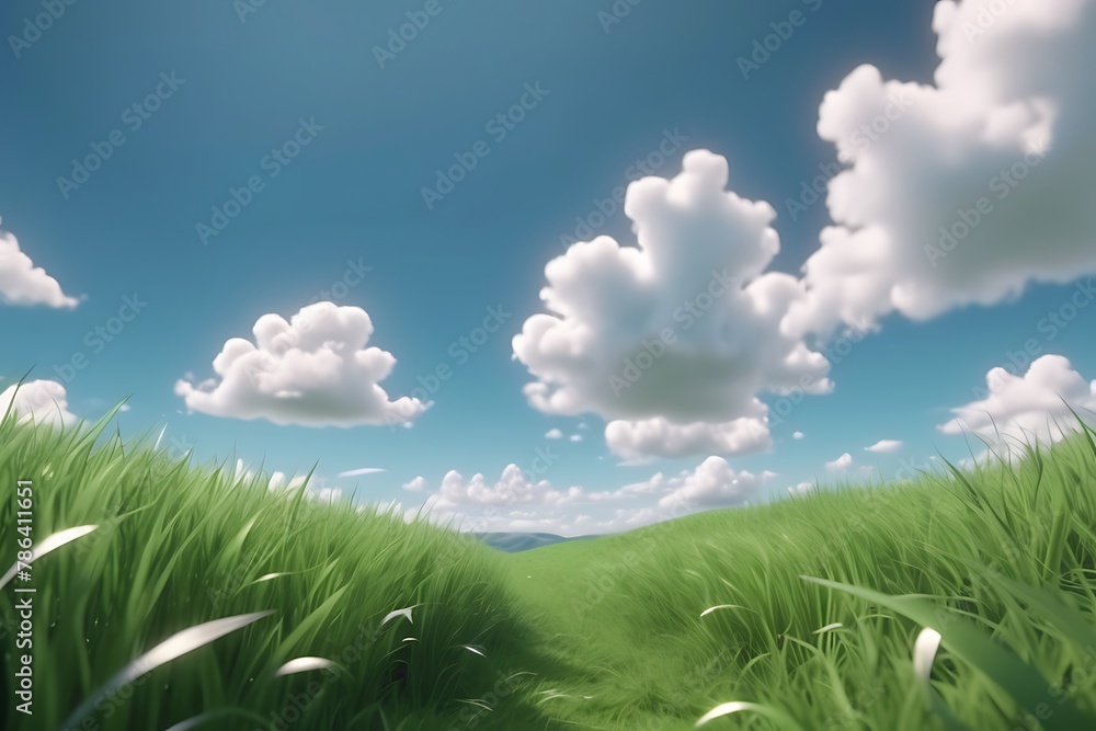 Blue Cloudy Sky and Green Meadows, Nature Landscape