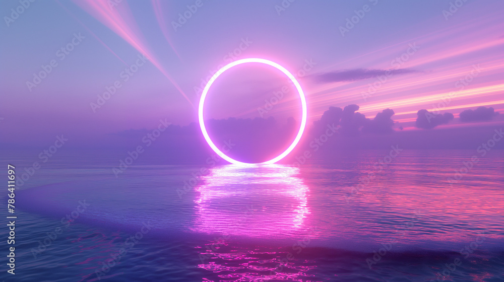 Neon glowing ring at sunrise sky levitating over the sea