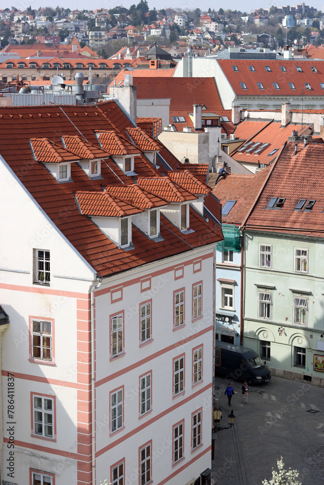 View of Bratislava from the Old Town. Red roofed houses from above. Spring in Europe. View of Bratislava from the Old Town. Red roofed houses from above. Spring in Europe.