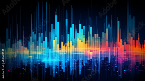 Abstract digital city skyline with vibrant soundwave pattern on a dark background. Conceptual illustration of urban rhythm and music visualization for design and wallpaper.