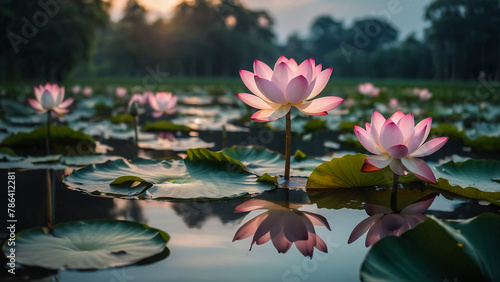 Beautiful pink lotus flower close up in pond at red lotus lake  Udonthani   