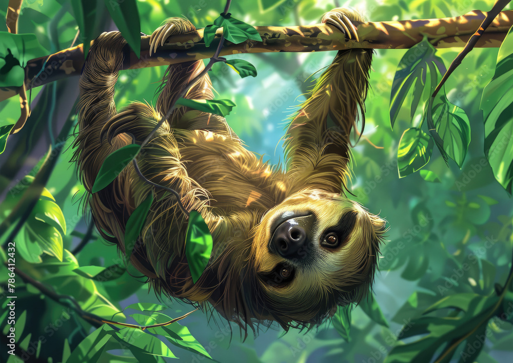 Fototapeta premium A sloth hanging upside down from the branch of an tree, its long arms and legs wrapped around it's body as if to hug itself