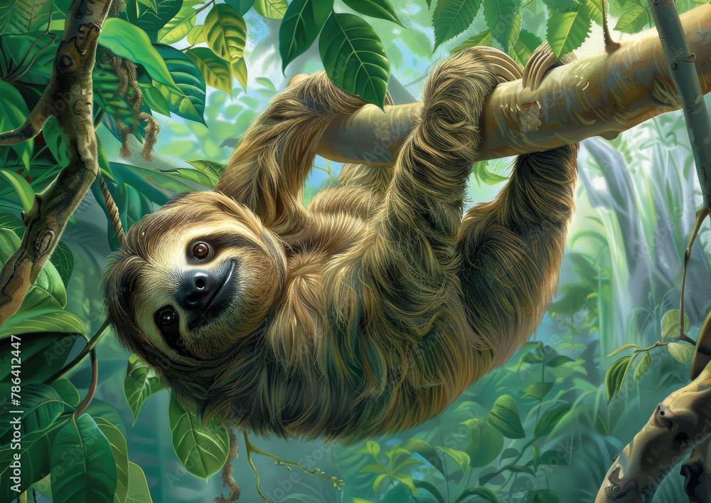 Naklejka premium A sloth hanging upside down from the branch of an tree, its long arms and legs wrapped around it's body as if to hug itself