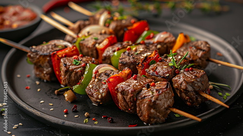 Beef kebabs with bell peppers, onions, and mushrooms, grilled to perfection.