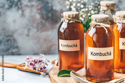 Bottles of organic kombucha on wooden board, light grey background, copy space. Homemade kombucha tea, rustic presentation. Bottled kombucha tea. Fermented kombucha drink with label photo