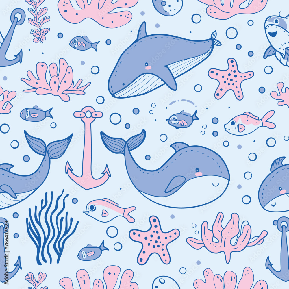 Fototapeta premium a blue and pink sea life wallpaper with dolphins, dolphins, fish, and