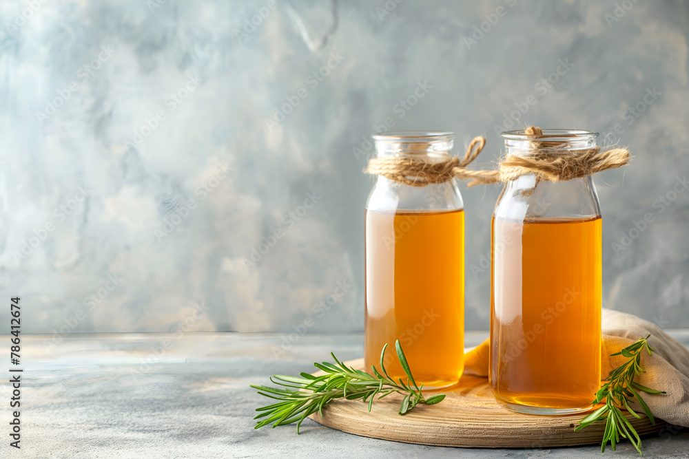 Bottles of organic kombucha on wooden board, light grey background, copy space. Homemade kombucha tea, rustic presentation. Bottled kombucha tea. Fermented kombucha drink. Fermented tea or tea kvass Bottles of organic kombucha on wooden board, light grey background, copy space. Homemade kombucha tea, rustic presentation. Bottled kombucha tea. Fermented kombucha drink. Fermented tea or tea kvass