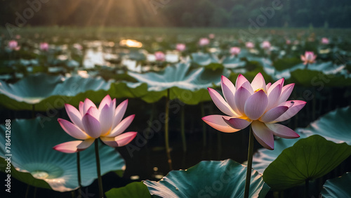 Beautiful pink lotus flower close up in pond at red lotus lake, Udonthani
