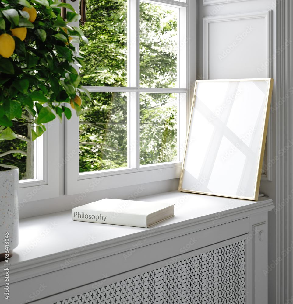 Obraz premium Cozy home interior with frame mockup, 3d render