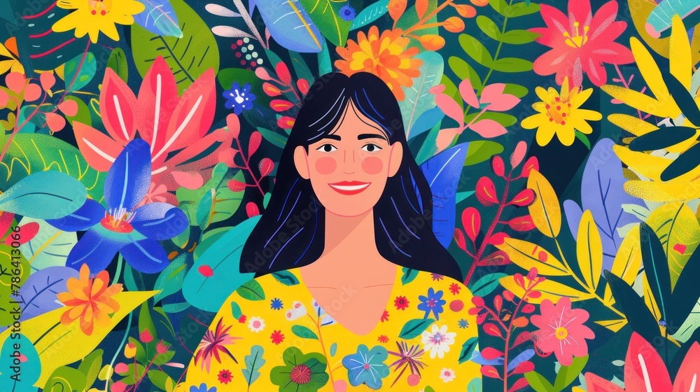 Colorful vector illustration of a cheerful woman in a floral backdrop.