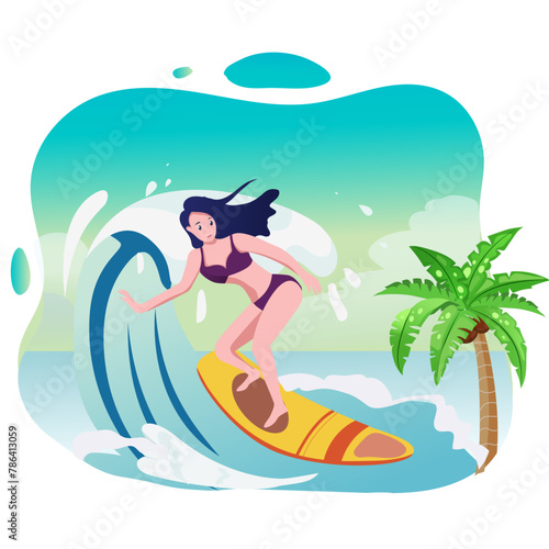 Woman surfing during summer vacation. People enjoying summer holiday illustration. Suitable for web, landing page, greeting card, promotion, social media,etc
