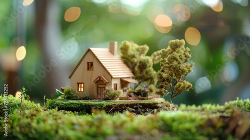 Miniature wooden house embodying sustainable living amidst a lush green landscape.