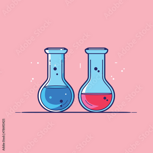 two flasks filled with red and blue liquid