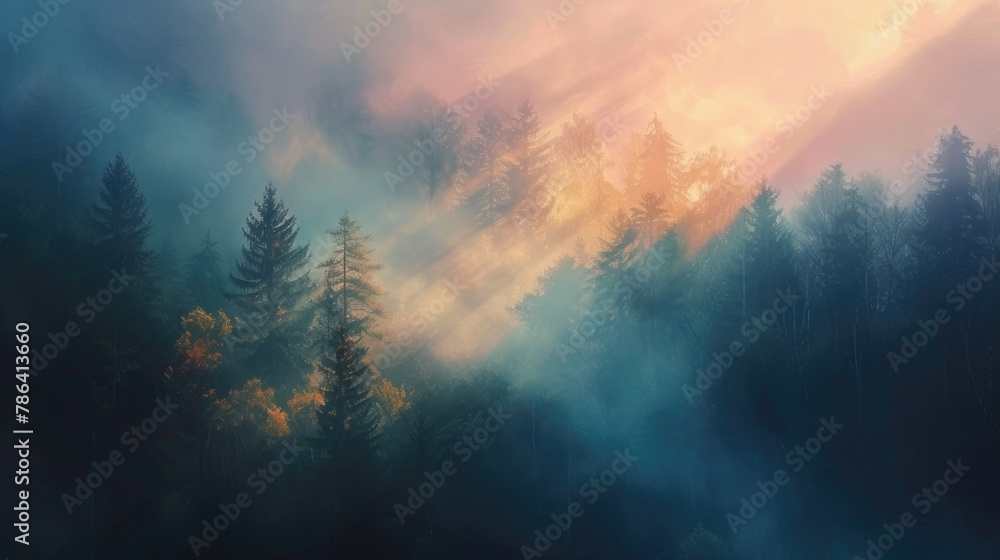 Images depicting the magical moments of sunrise, with the first light of dawn breaking through the darkness, illuminating the sky with soft pastel colors and casting long shadows - obrazy, fototapety, plakaty 