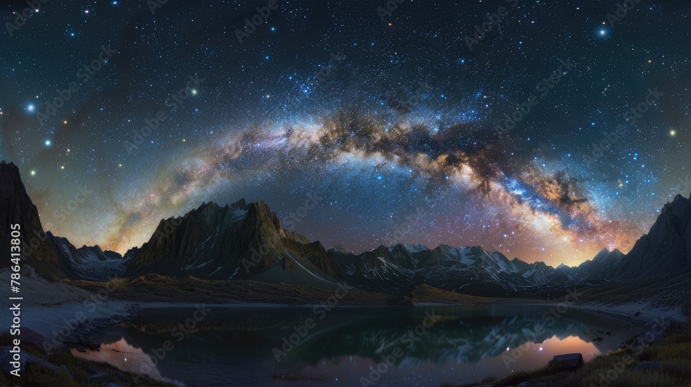 Visuals illustrating the majesty of the Milky Way galaxy, with its billions of stars forming a luminous band stretching across the night sky, visible in areas with minimal light pollution