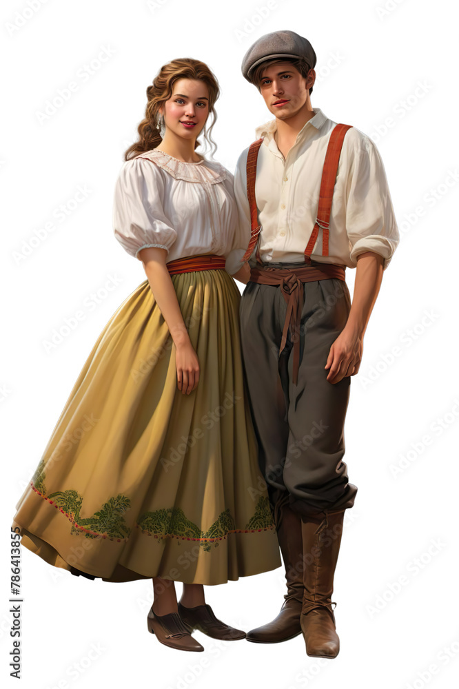 Hyper realistic Couple standing in ITALY culture clothes Isolated on transparent background.